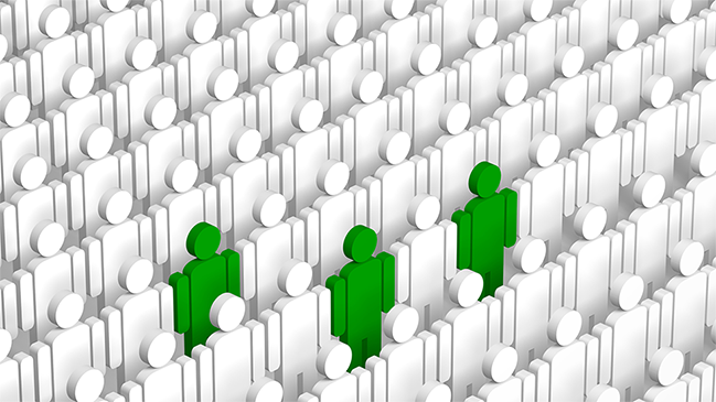 verweist auf: Betroffene Viele stilisierte weiße Männchen, die in Reihen stehen und von denen drei grün eingefärbt sind (verweist auf: Betroffene)