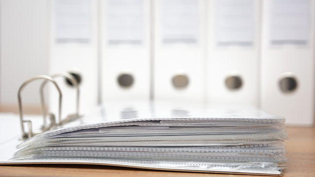 verweist auf: Internationale Einfuhrbescheinigung/ Wareneingangsbescheinigung Aufgeklappter weißer liegender Aktenordner vor einer reihe stehender geschlossener Aktenordner (verweist auf: Internationale Einfuhrbescheinigung/ Wareneingangsbescheinigung)