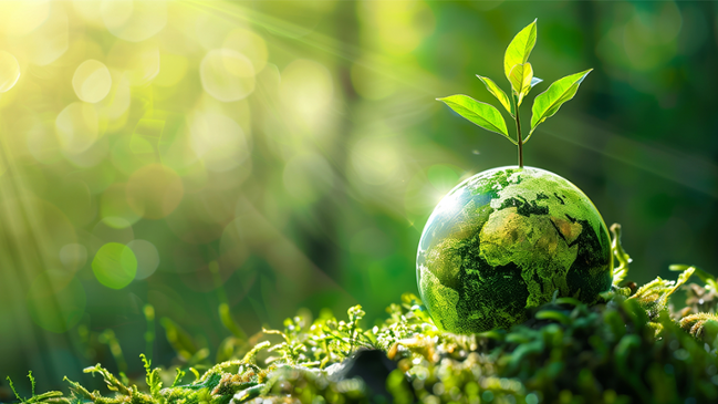 Grüne Weltkugel aus der eine kleine Pflanze sprießt. Grüne Weltkugel aus der eine kleine Pflanze sprießt.