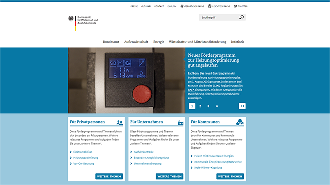 Bildschirmabdruck der neuen Internetseite des Bundesamts für Wirtschaft und Ausfuhrkontrolle Bildschirmabdruck der neuen Internetseite des Bundesamts für Wirtschaft und Ausfuhrkontrolle