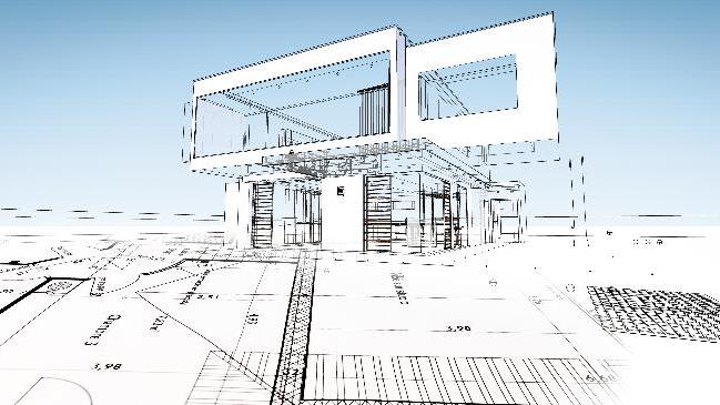 Skizze eines modernen Architektenhauses (verweist auf: Fachplanung und Baubegleitung)