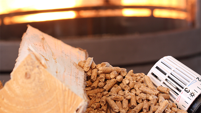 Kamin mit einem Stück Holz und Pellets Kamin mit einem Stück Holz und Pellets