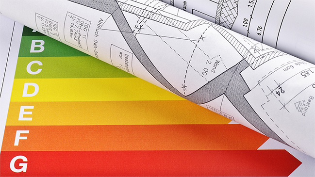 Architektenplan und Energieeffizienzbalken Architektenplan und Energieeffizienzbalken