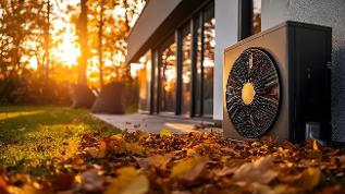 verweist auf: Woche der Wärmepumpe startet am 4. November Ein Bild einer Luftwärmepumpe außerhalb des Hauses, umgeben von Herbstlaub und Sonnenlicht, das durch die Bäume dringt (verweist auf: Woche der Wärmepumpe startet am 4. November)
