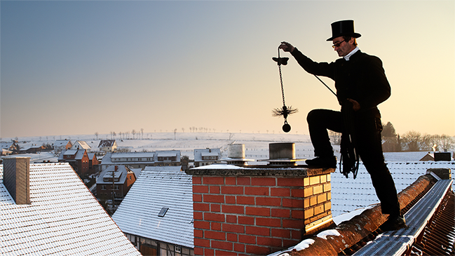 verweist auf: Schornsteinfegerregister Schornsteinfeger auf einem Dach (verweist auf: Schornsteinfegerregister)