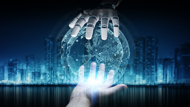 Robot hand and human hand hold globe Robot hand and human hand hold globe