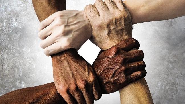 multiracial group with black african American Caucasian and Asian hands holding each other wrist in tolerance unity love and anti racism concept multiracial group with black african American Caucasian and Asian hands holding each other wrist in tolerance unity love and anti racism concept